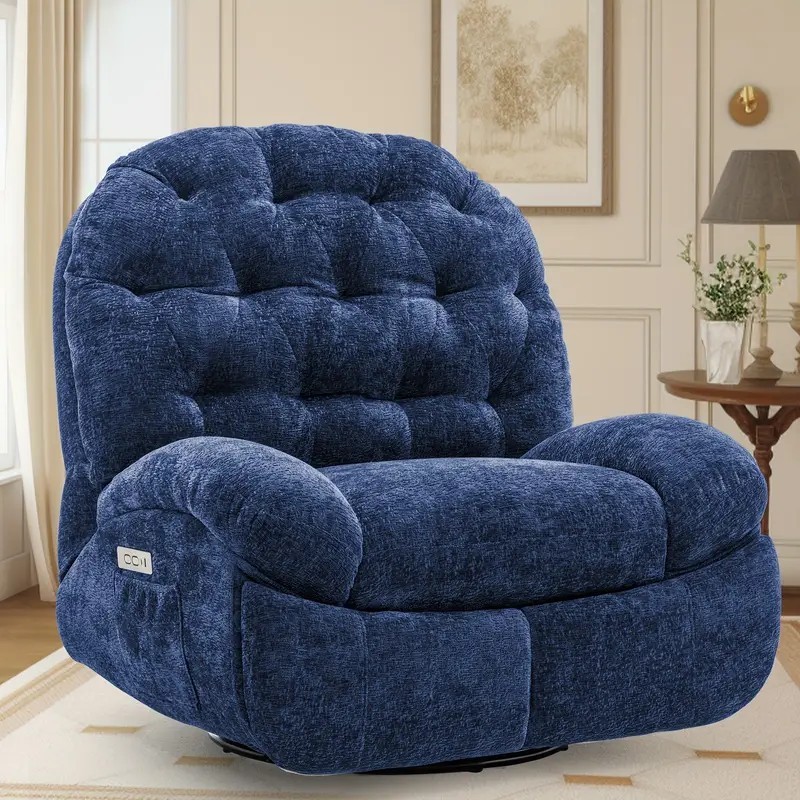 Fauteuil inclinable électrique surdimensionné avec base pivotante et télécommande - Cadre en métal robuste, rembourrage en chenille doux, ports USB (2), poche de rangement - Fauteuil inclinable ergonomique pour adultes, home cinéma, bureau - Assemblage facile requis, confortable, coussin moelleux, confort de qualité supérieure, confortable, amoureux du cinéma