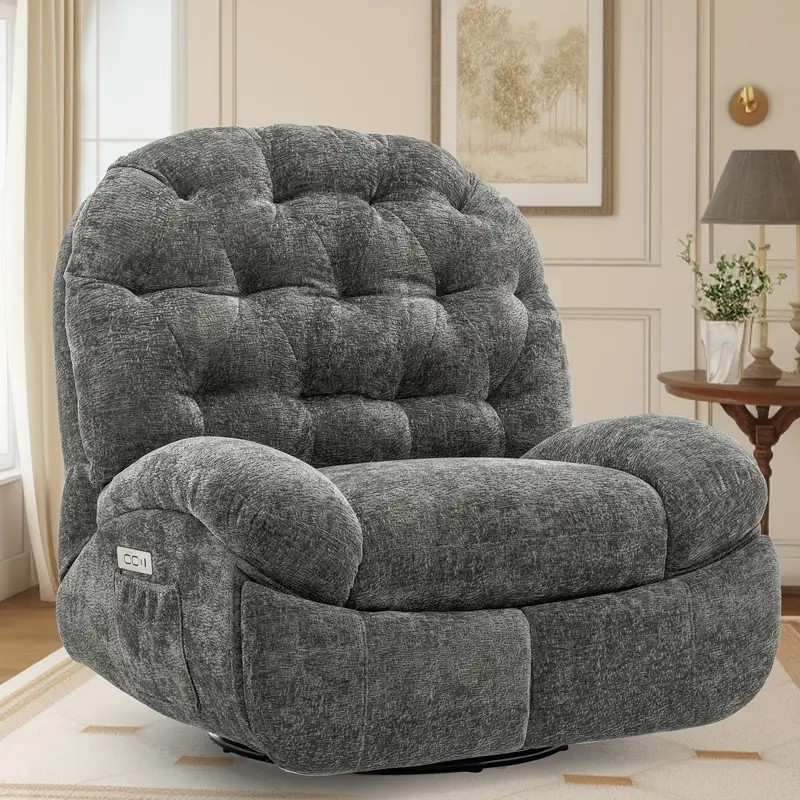 Fauteuil inclinable électrique surdimensionné avec base pivotante et télécommande - Cadre en métal robuste, rembourrage en chenille doux, ports USB (2), poche de rangement - Fauteuil inclinable ergonomique pour adultes, home cinéma, bureau - Assemblage facile requis, confortable, coussin moelleux, confort de qualité supérieure, confortable, amoureux du cinéma