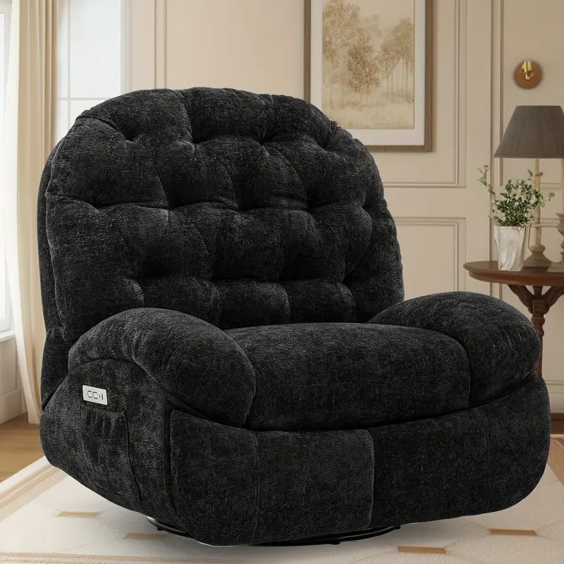 Fauteuil inclinable électrique surdimensionné avec base pivotante et télécommande - Cadre en métal robuste, rembourrage en chenille doux, ports USB (2), poche de rangement - Fauteuil inclinable ergonomique pour adultes, home cinéma, bureau - Assemblage facile requis, confortable, coussin moelleux, confort de qualité supérieure, confortable, amoureux du cinéma