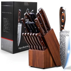 Ensembles de couteaux pour la cuisine, ensemble de 15 couteaux de cuisine en acier inoxydable à haute teneur en carbone avec bloc et aiguiseur, ensembles de couteaux martelés ultra-épais avec triple rivet et manche en bois, adaptés au lave-vaisselle