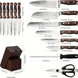 Ensembles de couteaux pour la cuisine, ensemble de 15 couteaux de cuisine en acier inoxydable à haute teneur en carbone avec bloc et aiguiseur, ensembles de couteaux martelés ultra-épais avec triple rivet et manche en bois, adaptés au lave-vaisselle