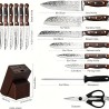 Ensembles de couteaux pour la cuisine, ensemble de 15 couteaux de cuisine en acier inoxydable à haute teneur en carbone avec bloc et aiguiseur, ensembles de couteaux martelés ultra-épais avec triple rivet et manche en bois, adaptés au lave-vaisselle
