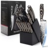 Ensembles de couteaux pour la cuisine, ensemble de 15 couteaux de cuisine en acier inoxydable à haute teneur en carbone avec bloc et aiguiseur, ensembles de couteaux martelés ultra-épais avec triple rivet et manche en bois, adaptés au lave-vaisselle