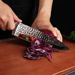 Ensembles de couteaux pour la cuisine, ensemble de 15 couteaux de cuisine en acier inoxydable à haute teneur en carbone avec bloc et aiguiseur, ensembles de couteaux martelés ultra-épais avec triple rivet et manche en bois, adaptés au lave-vaisselle