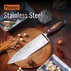 Ensembles de couteaux pour la cuisine, ensemble de 15 couteaux de cuisine en acier inoxydable à haute teneur en carbone avec bloc et aiguiseur, ensembles de couteaux martelés ultra-épais avec triple rivet et manche en bois, adaptés au lave-vaisselle
